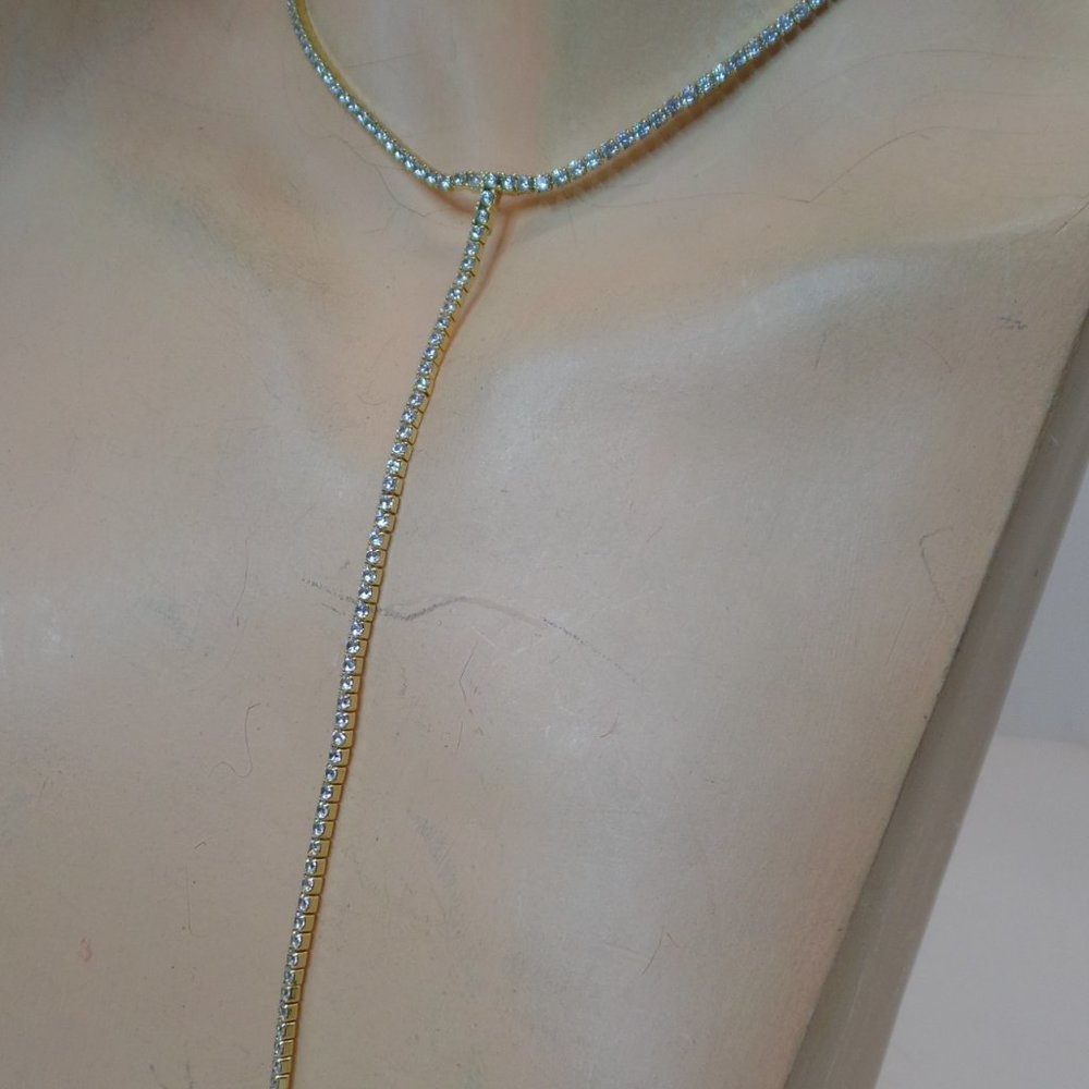Worn 1X Unbranded Goldtone & CZ Bling Necklace "Y" Adj 15"  Tail  6.5" Beautiful - Picture 2 of 9